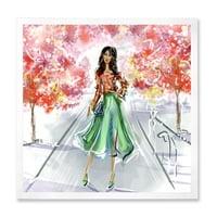 Gyönyörű nő, divatos ruhát visel a parkban keretes festmény vászon művészeti nyomtatás
