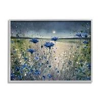 Virágzó kék virágok éjszakai hold tájfestés szürke keretes művészeti nyomtatási fal művészet