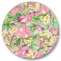 Designart 'Sárga virágok, trópusi lombozat flamingóval III' Modern körfém fali művészet - 23 -as lemez