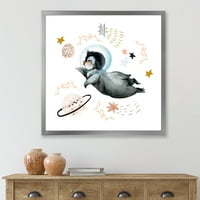 Designart 'kis pingvin repülő bolygók és csillagok II' parasztház keretes művészet nyomtatás