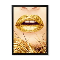 DesignArTART 'Az Arany női ajkak közeli képe I' Modern keretes művészeti nyomtatás
