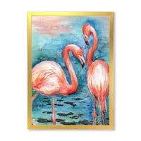 Designart 'rózsaszín flamingók szeretik a madarakat kék vízben i' parasztház keretes művészeti nyomtatás