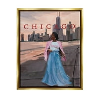 Stupell Industries divatos nő városi chicago városi grafikus művészet fém arany úszó keretes vászon nyomtatott fali művészet,