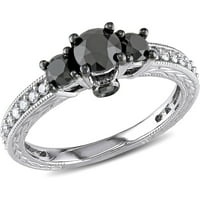 1- Carat T.W. Fekete -fehér gyémánt 10KT fehérarany három kő eljegyzési gyűrű