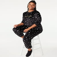 JoySpun női hímzett stretch velor felső és kocogók pizsama zoknikkal, 3-darabból, S-tól 3x-ig terjedő méretű