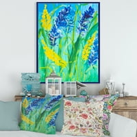 Designart 'Sárga és kék vadvirágok és fű gouache' hagyományos keretes vászon fali művészet