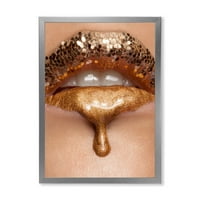 Designart „A nők közeli képe az arany folyékony ajkak sminkje” modern keretes művészeti nyomtatás