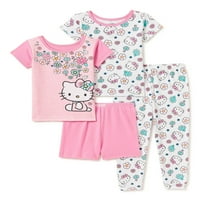 Hello Kitty Toddler Girls Snug Fit pamut rövid ujjú pizsamák, 4 részes szett, 12m-5T