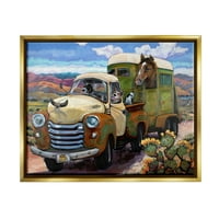 Stupell Industries kutyák, akik vintage rusztikus teherautót vezetnek ló kocsi fém arany keretes úszó vászon fali művészet, 24x30