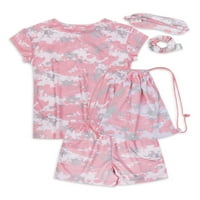 Wonder Nation Girls póló, rövidnadrág, szemmaszk, scrunchie & táska pizsama szett, 5 darab, méretek 4- és plusz