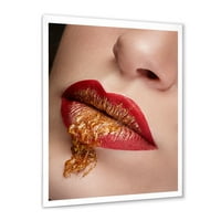 Designart 'Bezáró ajkak arany és piros alkotása' modern keretes művészeti nyomtatás