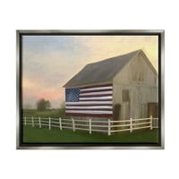 Stupell Industries American Flag vidéki pajta naplemente mezőgazdasági tájfestés csillogó szürke úszó keretes vászon nyomtatott