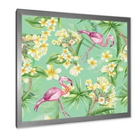 Designart 'Sárga virágok, trópusi lombozat Flamingo v' Hagyományos keretes művészeti nyomtatás