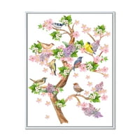 Designart 'Fa színes madarakkal ül a virágzó ágakon a hagyományos keretes vászon fali művészet nyomtatás