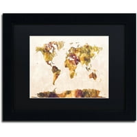 Védjegy Szépművészet Világtérkép akvarell festés vászon művészete, Michael Tompsett, fekete matt, fekete keret
