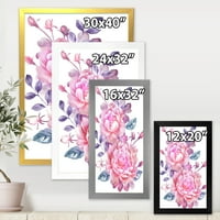 Designart 'rózsaszín retro virágok kék levelekkel fehér' hagyományos keretes művészeti nyomtatás