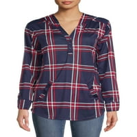 New York -i mosodai női hosszú ujjú tekercspálka PLAID HENLEY TUNIC