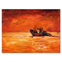 Horgászhajó piros esti fényfestés vászon művészeti nyomtatása