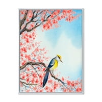 Gyönyörű vörös madár ül a virágzó ágon, én keretes festmény vászon művészeti nyomtatás