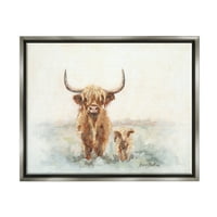 Stupell Highland szarvasmarha és baba borjú vidéki állatok és rovarok festés szürke úszó keretes művészet nyomtatott fal művészet