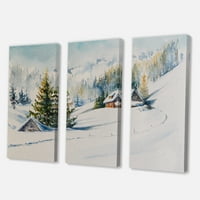 A téli hegyek kis házfestéssel, vászon művészeti nyomtatás