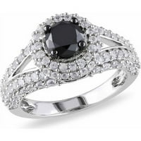 Carat T.W. Fekete gyémánt és 1- Carat T.G.W. Létrehozott fehér zafír sterling ezüst dupla-halo eljegyzési gyűrű