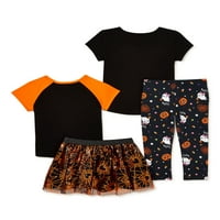 Halloween kislányok és kisgyermek lányok rövid ujjú póló, nadrág és tutu szoknya, 4 részes ruhakészlet, méretek 12m-5T