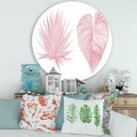 Designart 'Trópusi rózsaszín akvarell levelek a fehér II -en' Shabby Chic Circle Metal Wall Art - 36 lemez