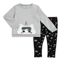 Girls Fau Fur Critter pulóver és nyomtatott nadrágos ruhák, 2-darab, méret 4-10