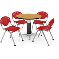 Core Collection Breakroom Bundle, 36 kerek fém hálós alap többcélú asztal tölgyben, Rico rakodó székek fekete színben
