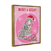 Stupell Industries Merry & Bright Christmas Cat Lights Graphic Art Metallic Gold Lebegő keretes vászon nyomtatott fali művészet,