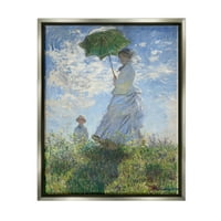 Stupell Industries nő, Parasol Classic Classic Claude Monet festmény, festmény csillogó szürke úszó keretes vászon nyomtatott